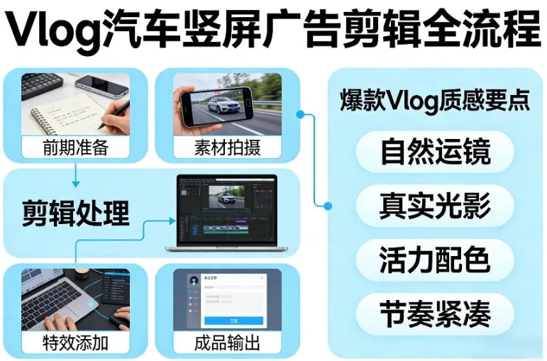 Vlog感觉汽车竖屏广告剪辑脚本全流程,拿捏爆款Vlog质感