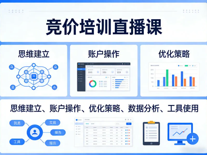 竞价培训直播课,覆盖思维建立、账户操作、优化策略、数据分析、工具使用等,全方位提升效果