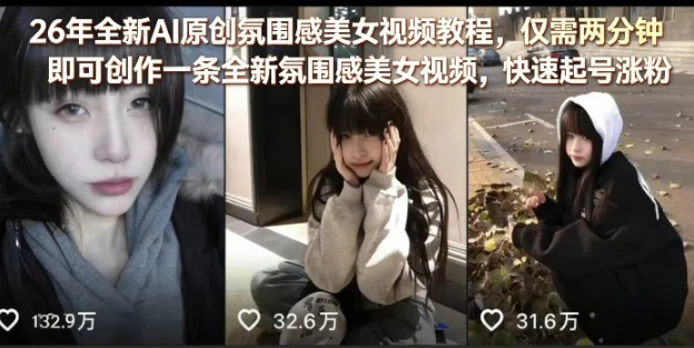 26年全新AI原创氛围感美女视频教程,仅需两分钟即可创作一条全新氛围感美女视频,快速起号涨粉